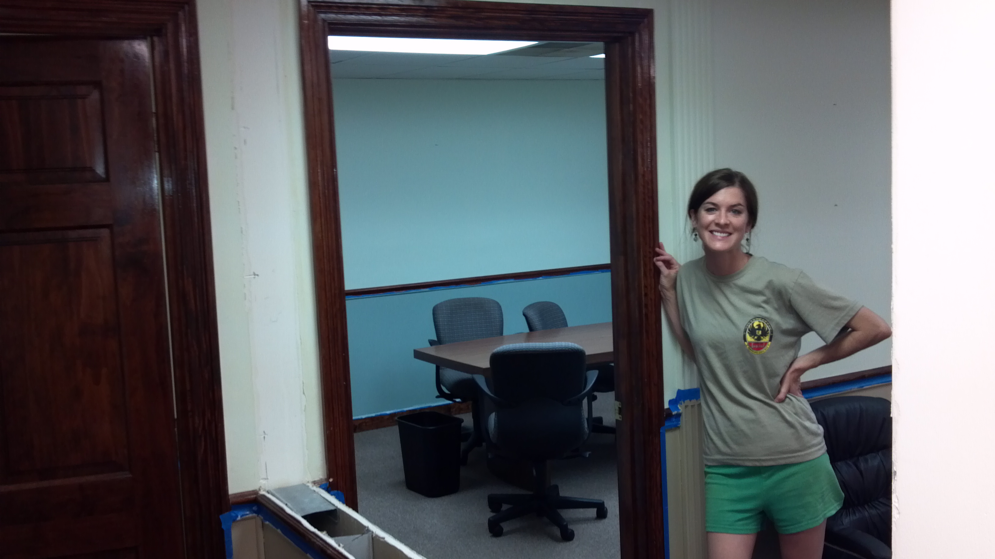 Anna Backer in the doorway of a freshly painted studio in the first CSM space, summer 2012